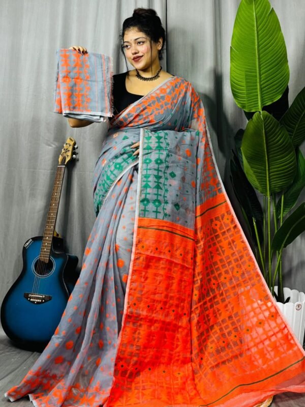 Oslo Grey Soft Ganga Jamuna Jamdani Sari With Blouse Piece
