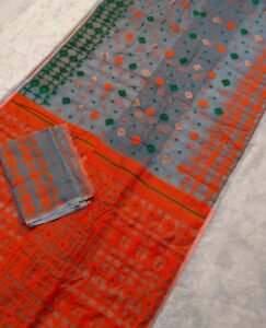 Oslo Grey Soft Ganga Jamuna Jamdani Sari With Blouse Piece