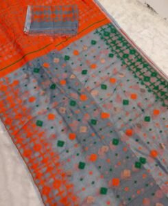 Oslo Grey Soft Ganga Jamuna Jamdani Sari With Blouse Piece