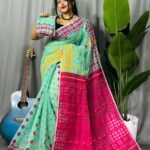 Pale Teal Soft Ganga Jamuna Jamdani Sari With Blouse Piece