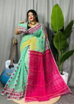 Pale Teal Soft Ganga Jamuna Jamdani Sari With Blouse Piece