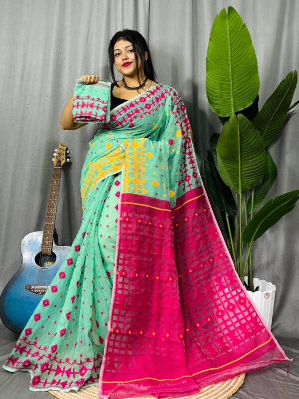 Pale Teal Soft Ganga Jamuna Jamdani Sari With Blouse Piece
