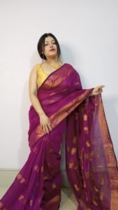 Pansy Purple Soft Pata Handloom Sari With Blouse Piece