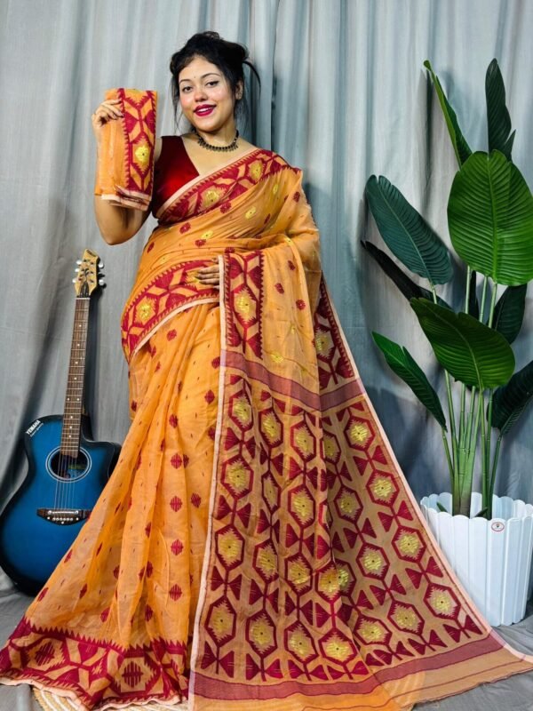 Pastel Orange Soft Dhakai Jamdani Saree