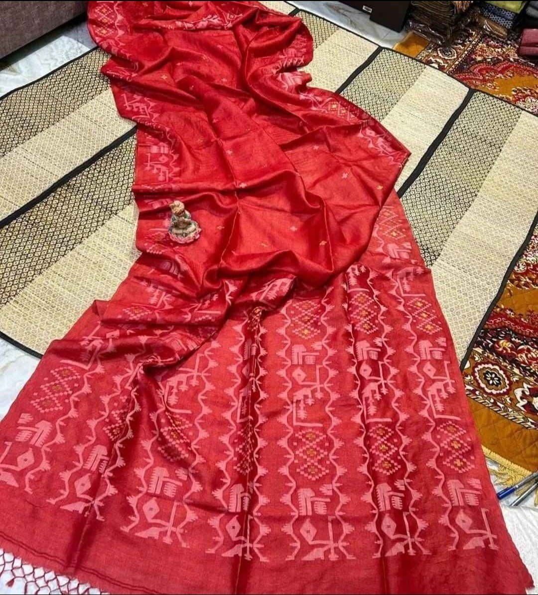 Red Pure Tussar By Tussar Handloom Sari With Blouse Piece