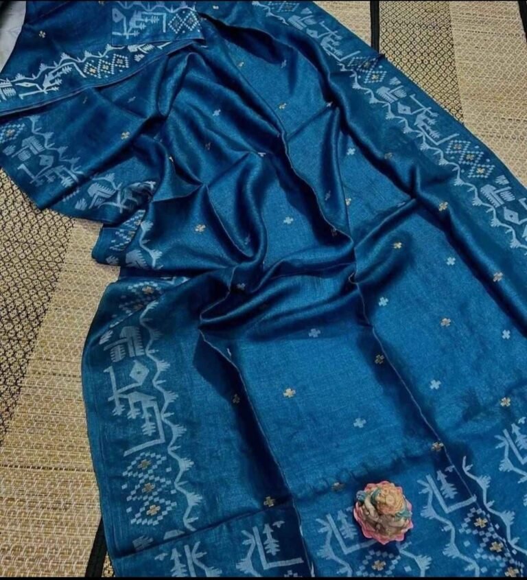 Venice Blue Pure Tussar By Tussar Handloom Sari With Blouse Piece