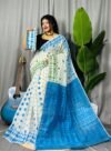 White Soft Ganga Jamuna Jamdani Sari With Blouse Piece