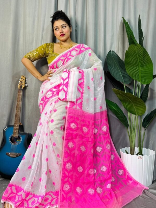 White Pink Soft Dhakai Jamdani Saree