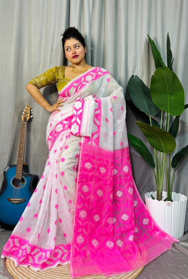 White Pink Soft Dhakai Jamdani Saree