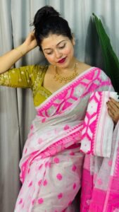 White Pink Soft Dhakai Jamdani Saree