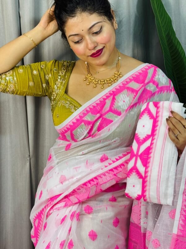 White Pink Soft Dhakai Jamdani Saree