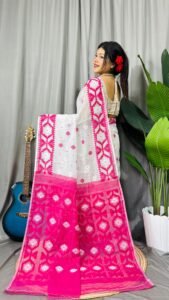 White Pink Soft Dhakai Jamdani Saree