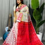 White Soft Ganga Jamuna Jamdani Sari With Blouse Piece