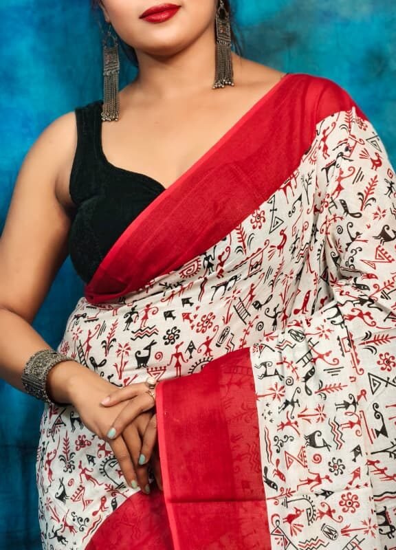 White Red Soft Madhu Moni Molmol Saree