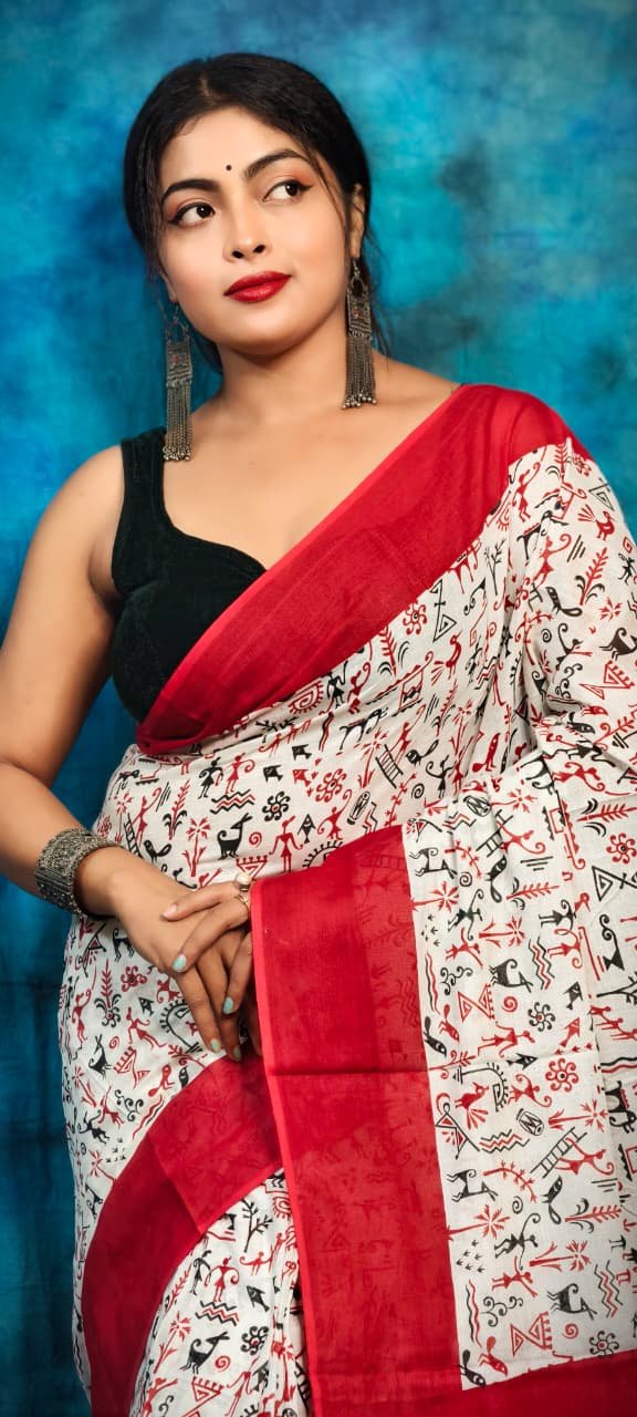 White Red Soft Madhu Moni Molmol Saree 2 White Red Soft Madhu Moni Molmol Saree