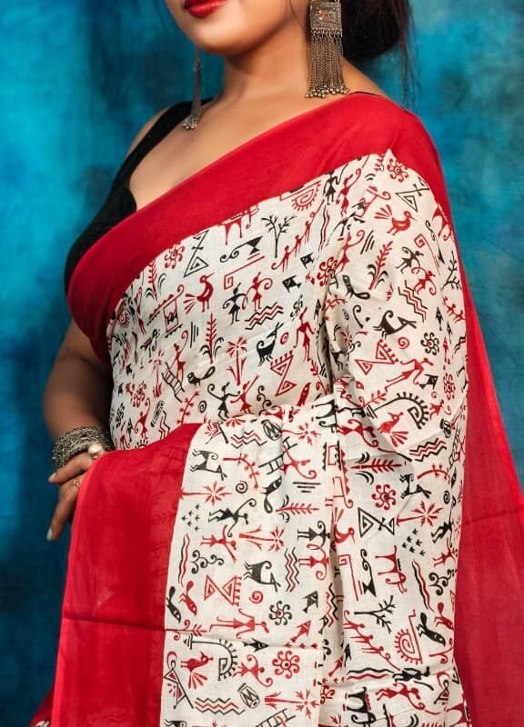 White Red Soft Madhu Moni Molmol Saree