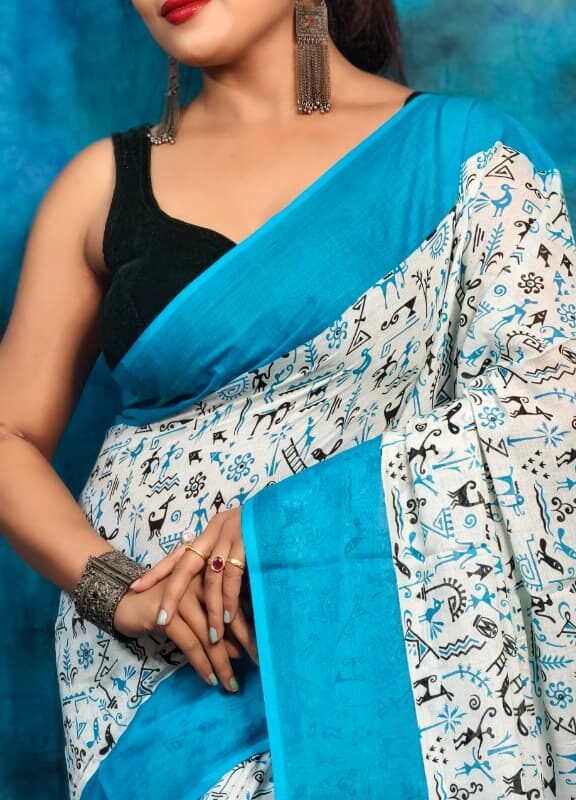 White Sky Blue Soft Madhu Moni Molmol Saree