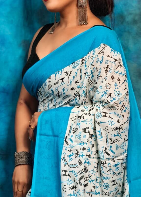 White Sky Blue Soft Madhu Moni Molmol Saree