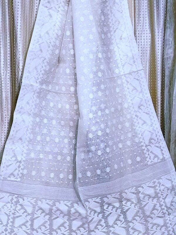 White Soft Buti Korat Jamdani Saree With Blouse Piece