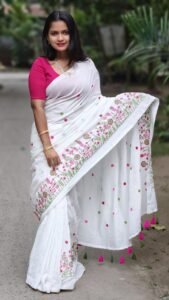 White Soft Embroidery Work Cotton Saree