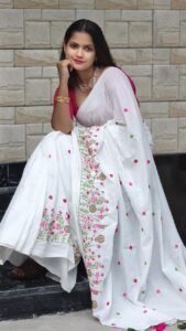 White Soft Embroidery Work Cotton Saree