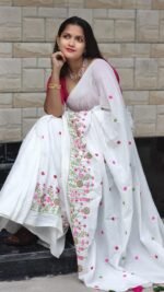 White Soft Embroidery Work Cotton Saree