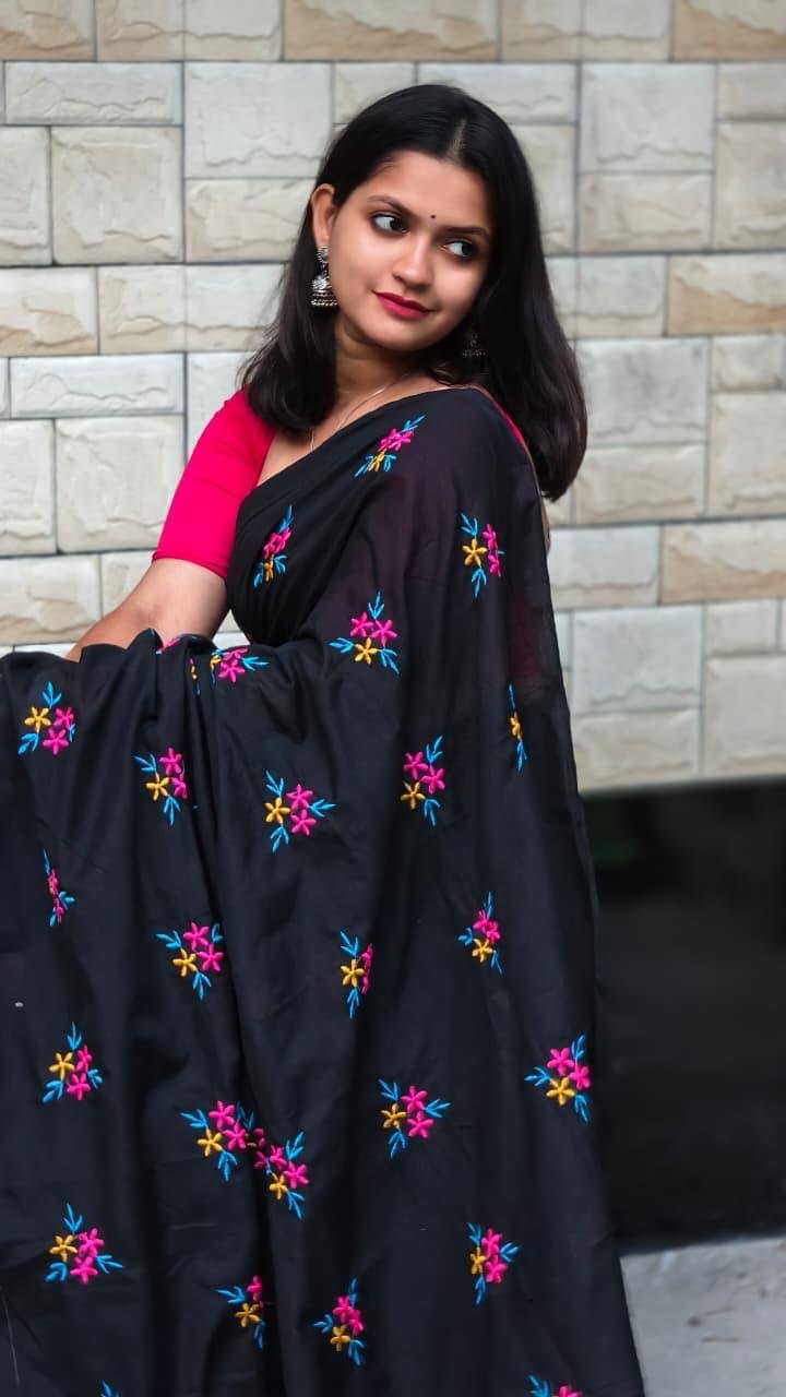 Black Soft Embroidery Work Cotton Saree 4 Black Soft Embroidery Work Cotton Saree