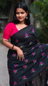 Black Soft Embroidery Work Cotton Saree