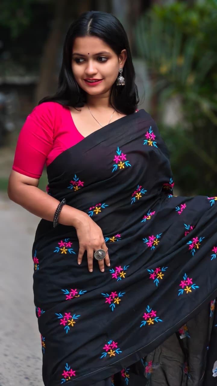 Black Soft Embroidery Work Cotton Saree 3 Black Soft Embroidery Work Cotton Saree