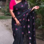 Black Soft Embroidery Work Cotton Saree