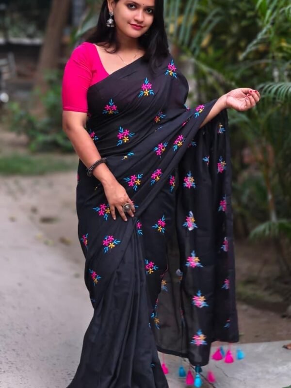 Black Soft Embroidery Work Cotton Saree