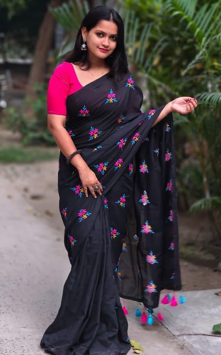 Black Soft Embroidery Work Cotton Saree 1 Black Soft Embroidery Work Cotton Saree