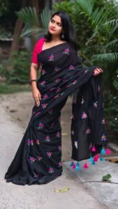 Black Soft Embroidery Work Cotton Saree