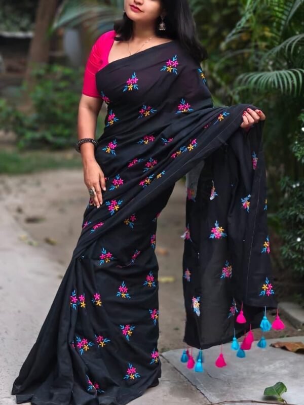 Black Soft Embroidery Work Cotton Saree