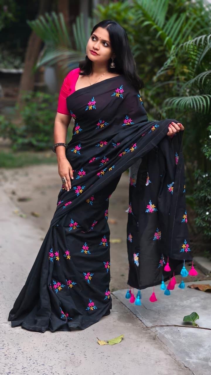 Black Soft Embroidery Work Cotton Saree 2 Black Soft Embroidery Work Cotton Saree