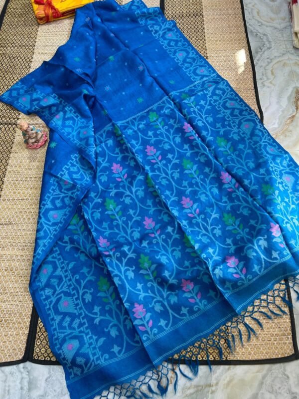 Blue Pure Tussar By Gachi Tussar Handloom Jamdani Sari With Blouse Piece
