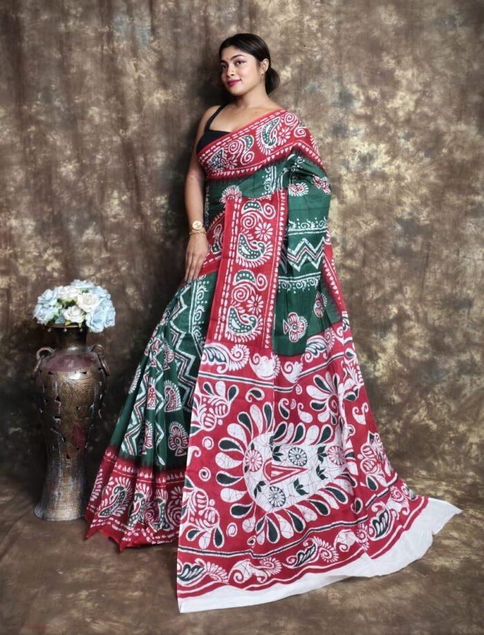 Bottle Green Soft Mulmul Cotton Saree