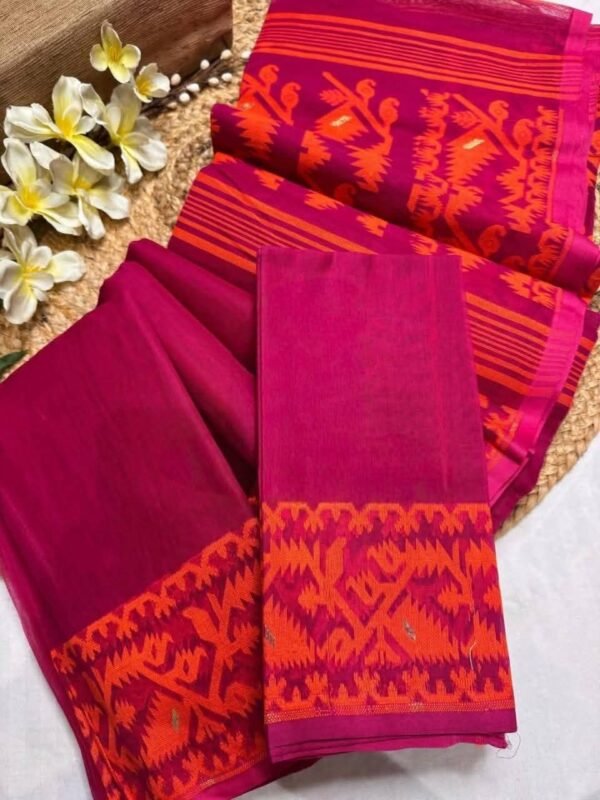Bright Maroon Soft Body Plain Jamdani Sari With Blouse Piece