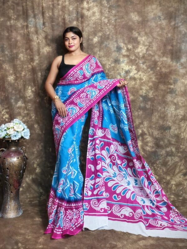Butterfly Blue Soft Mulmul Cotton Saree