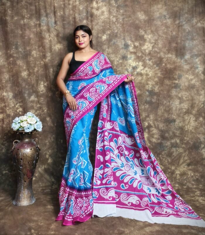 Butterfly Blue Soft Mulmul Cotton Saree
