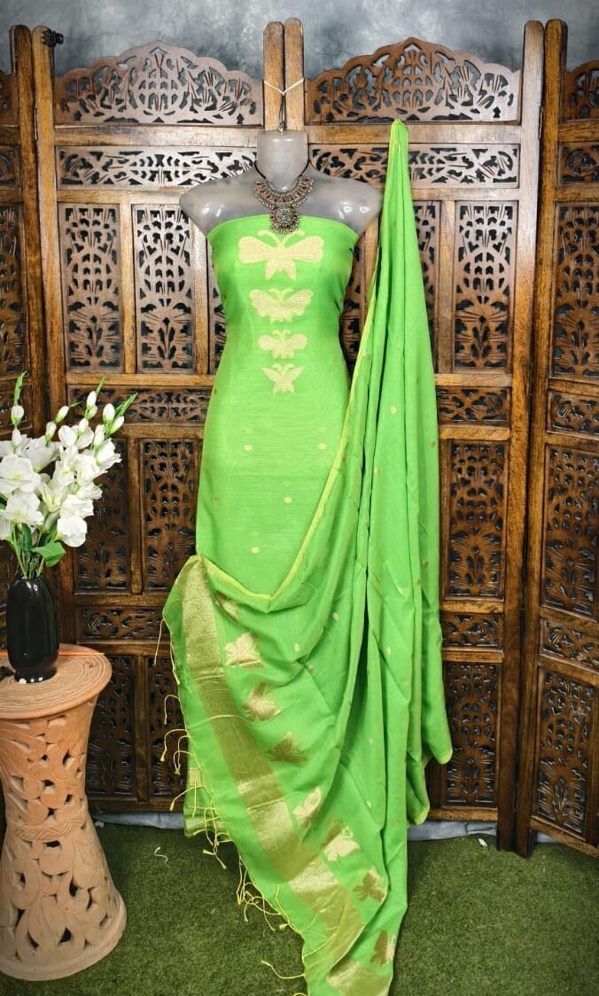 Butterfly-Gold Light Green Unstitched 2 Piece Jamdani Suit Set