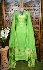 Butterfly-Gold Light Green Unstitched 2 Piece Jamdani Suit Set