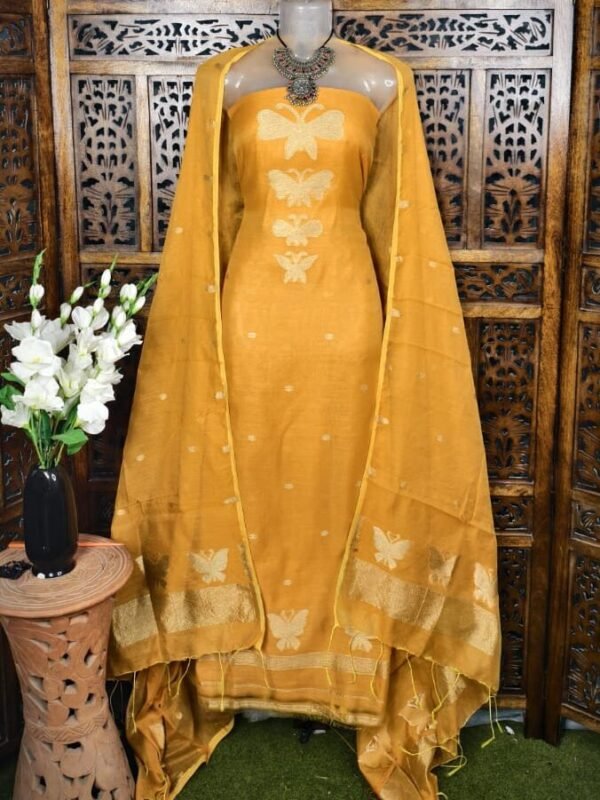 Butterfly-Gold Light Orange Unstitched 2 Piece Jamdani Suit Set