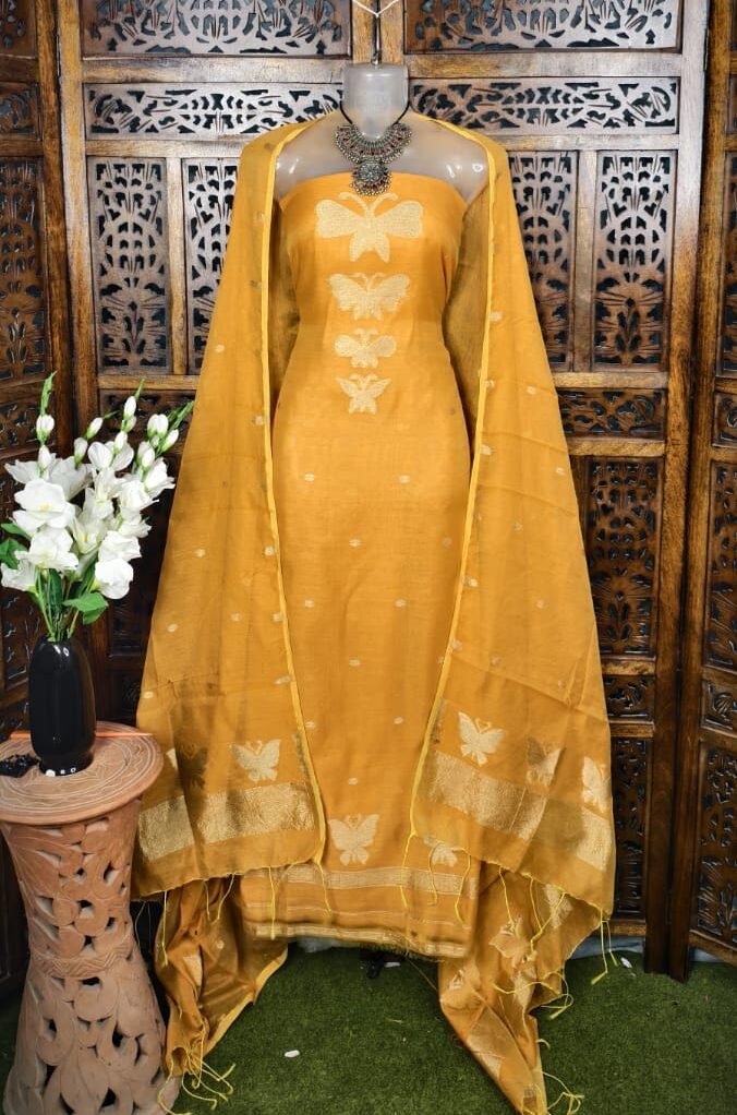 Butterfly-Gold Light Orange Unstitched 2 Piece Jamdani Suit Set