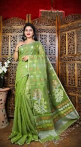 Camo Green Soft Dhakai Jamdani Sari With Blouse Piece