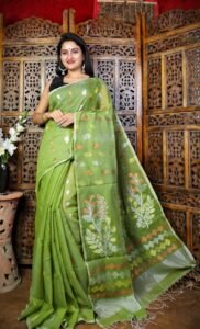 Camo Green Soft Dhakai Jamdani Sari With Blouse Piece