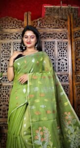 Camo Green Soft Dhakai Jamdani Sari With Blouse Piece