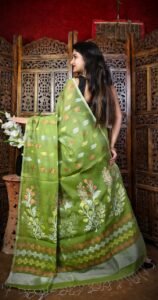 Camo Green Soft Dhakai Jamdani Sari With Blouse Piece