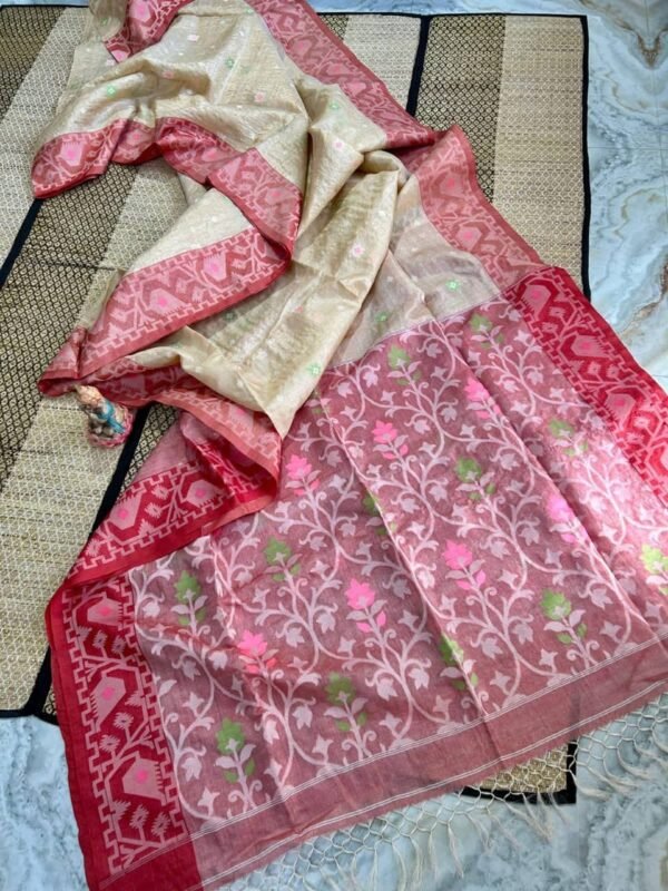 Cream Pure Tussar By Gachi Tussar Handloom Jamdani Sari With Blouse Piece