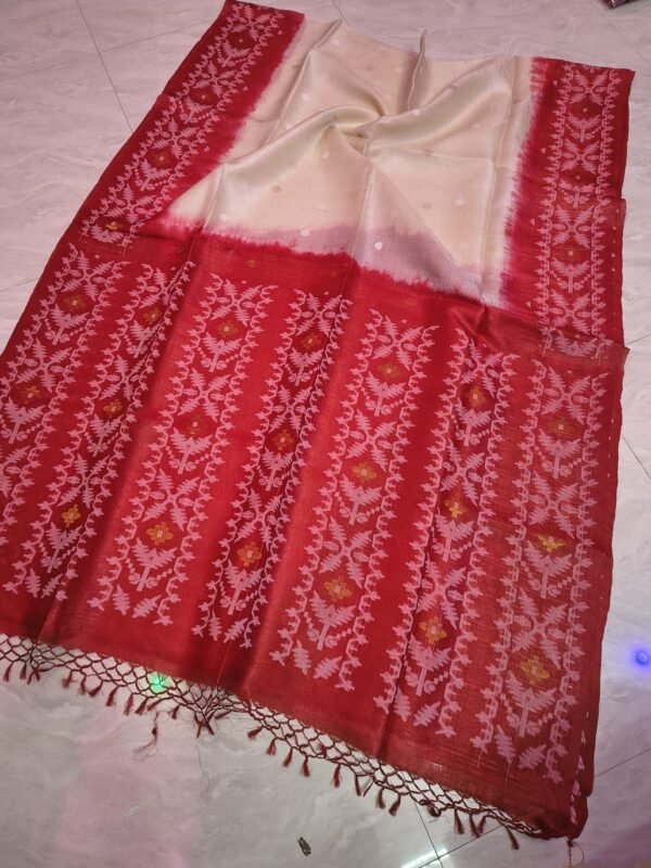 Cream Pure Gachi Tussar By Gachi Tussar Handloom Jamdani Sari With Blouse Piece